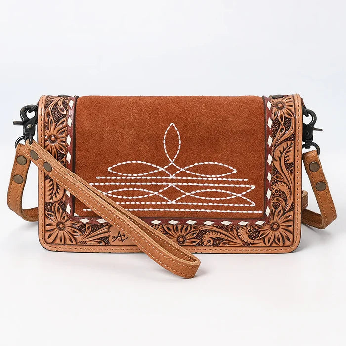 American Darling Tan Genuine Suede & Tooled Leather Organizer Purse ADBG1653