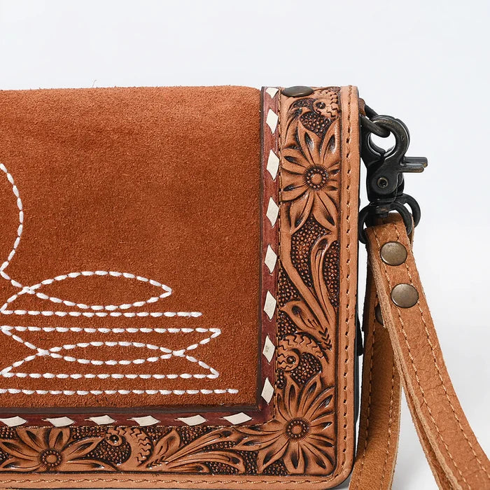 American Darling Tan Genuine Suede & Tooled Leather Organizer Purse ADBG1653