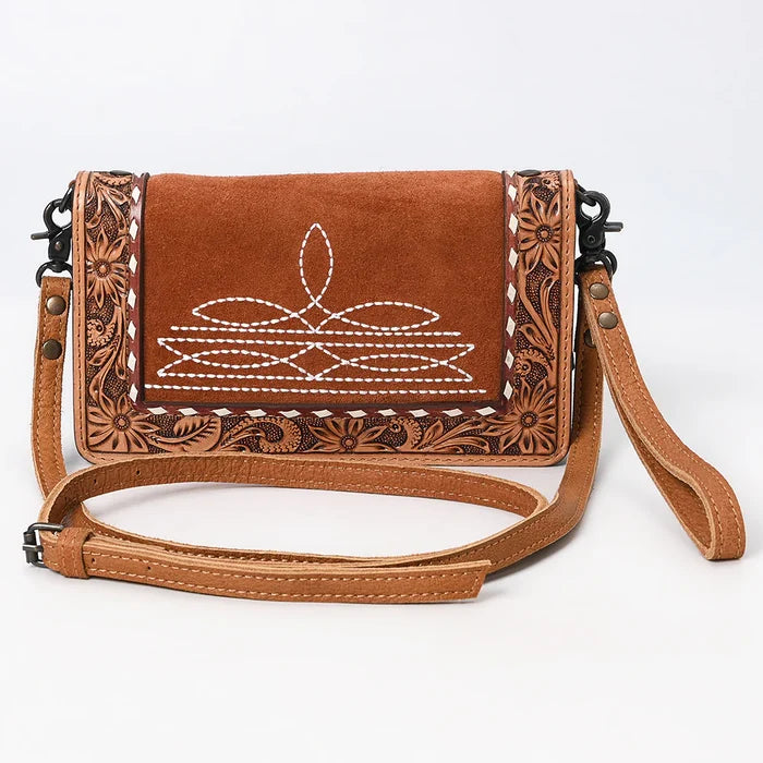American Darling Tan Genuine Suede & Tooled Leather Organizer Purse ADBG1653