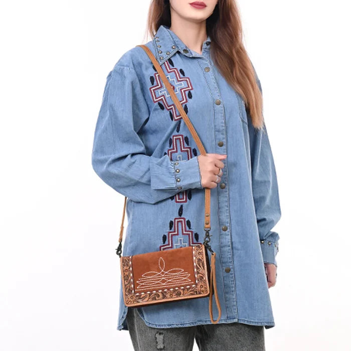 American Darling Tan Genuine Suede & Tooled Leather Organizer Purse ADBG1653