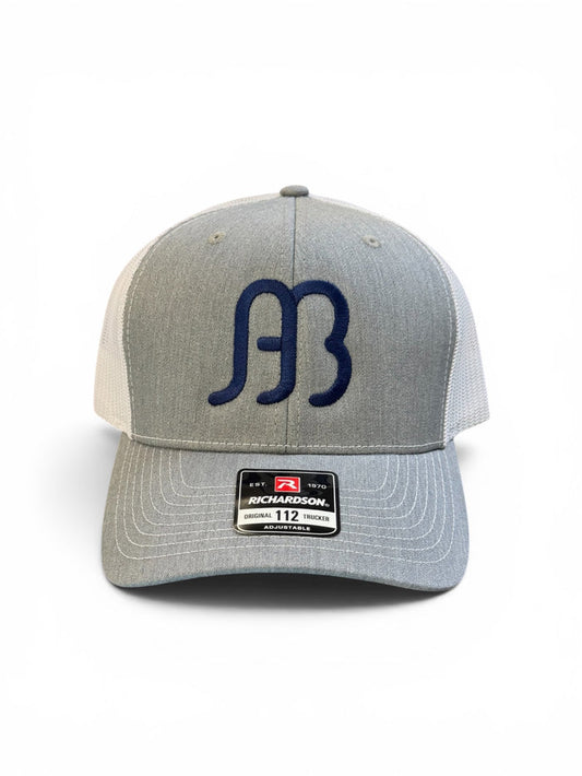 Anderson Bean Richardson 112 Grey & White Big AB Navy Stitched Big Logo 6 Panel Snap Back Hat