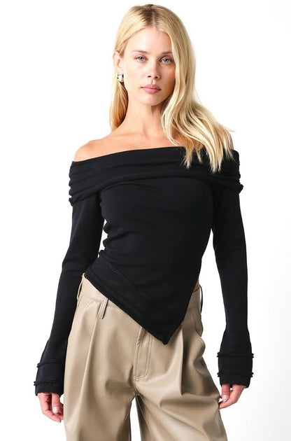 Andrea Black Off Shoulder Asymmetric Sweater Top