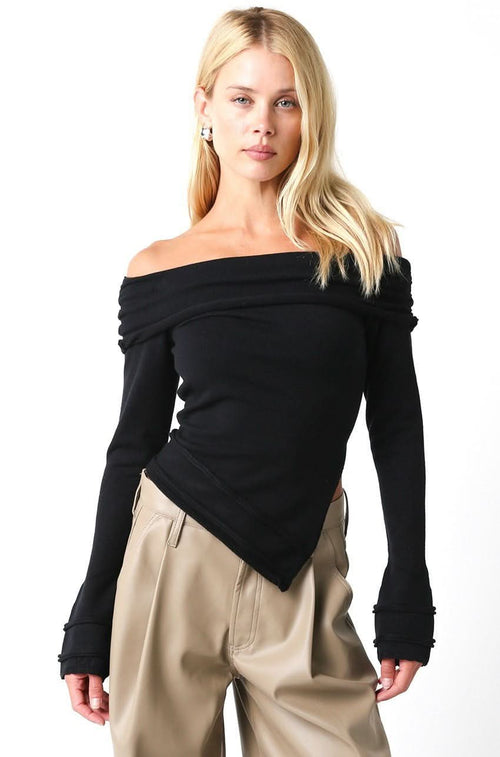 Andrea Black Off Shoulder Asymmetric Sweater Top