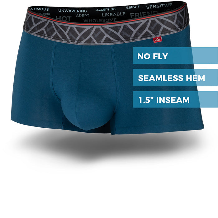 Blue boxer briefs with text detailing features on a white background