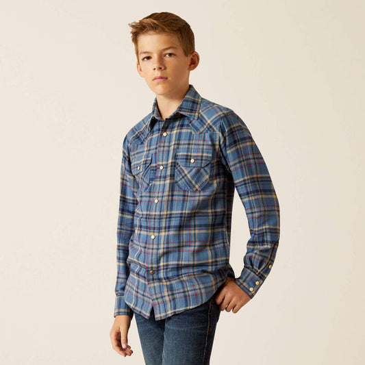 Ariat Boy's Huntley Copen Blue Plaid Retro Fit Long Sleeve Western Shirt 10052636-Painted Cowgirl Western Store
