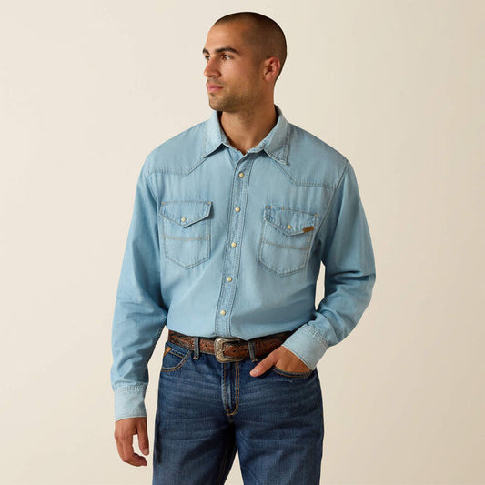 Ariat Men's Brody Washed Denim Cowboy Classic Fit Pearl Snap Long Sleeve Western Shirt 10072942