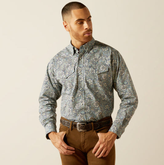 Ariat Men's Rocky Khaki Paisley Print Classic Fit Snap Long Sleeve Western Shirt 10052620