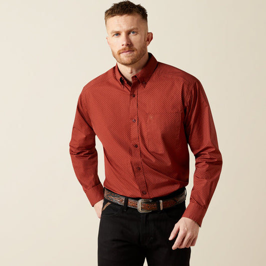 Ariat Men's Wren Dark Red Geo Print Classic Fit Button Long Sleeve Western Shirt 10065792