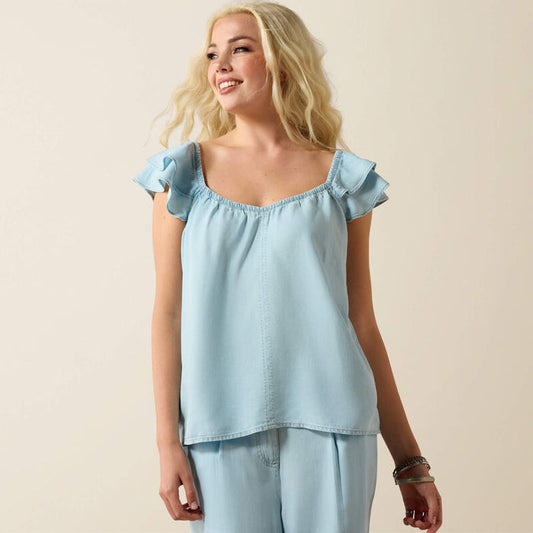 Ariat Women's Lynn Light Blue Indigo Wash Ruffle Sleeveless Top 10071135
