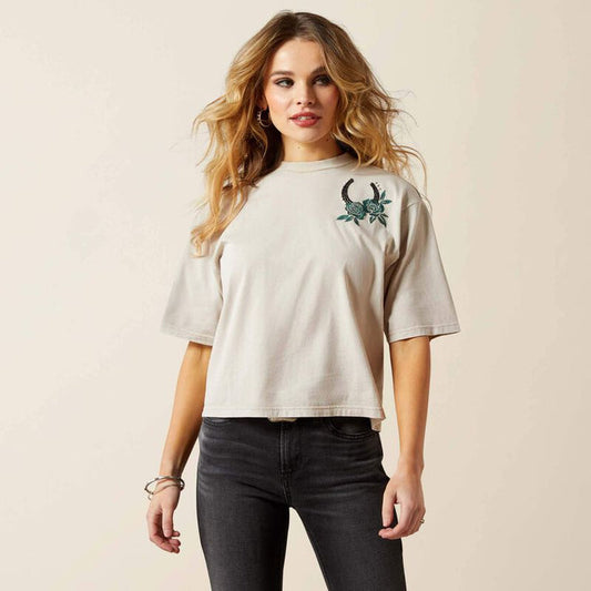 Ariat Women's Washed Beige Lucky Pearl Embellished Graphic Boxy Crop Tee Shirt 10065976