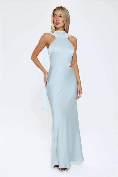 Luxe Obsession Halter Satin Maxi Dress Seafoam