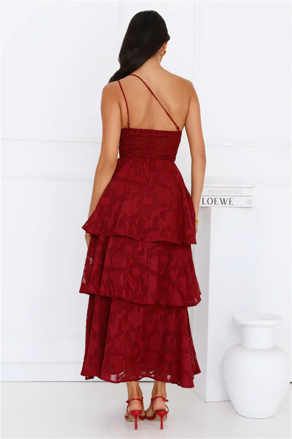 Pixie Petals One Shoulder Maxi Dress Burgundy