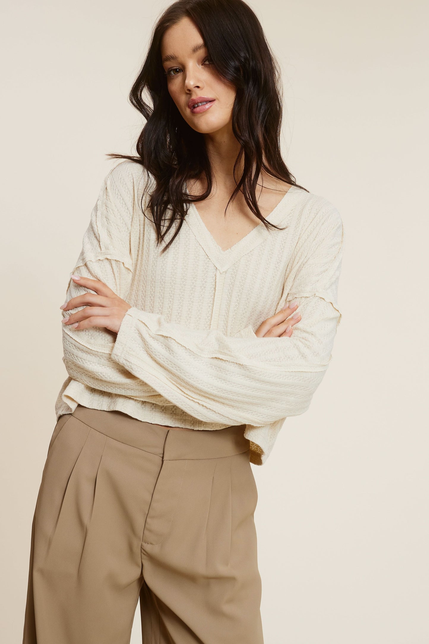 All The Way Beige Long Sleeve Crop Top