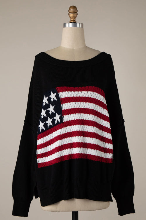 Land of Free Black Oversized American Flag Sweater