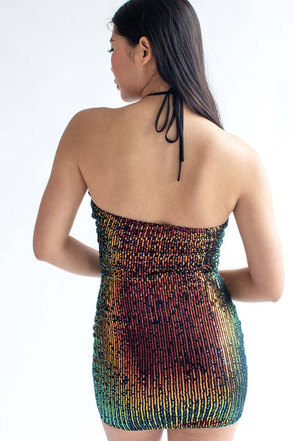 Black Disco Sequin Halter Mini Dress