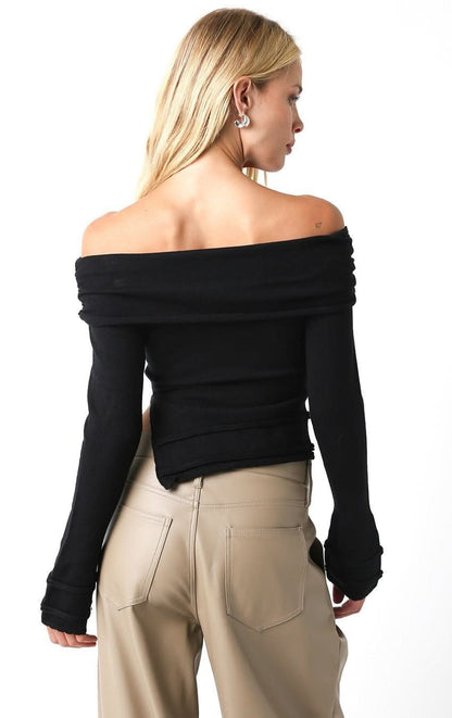 Andrea Black Off Shoulder Asymmetric Sweater Top