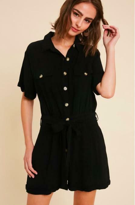 Liz Black Short Sleeve Button-Front Utility Romper