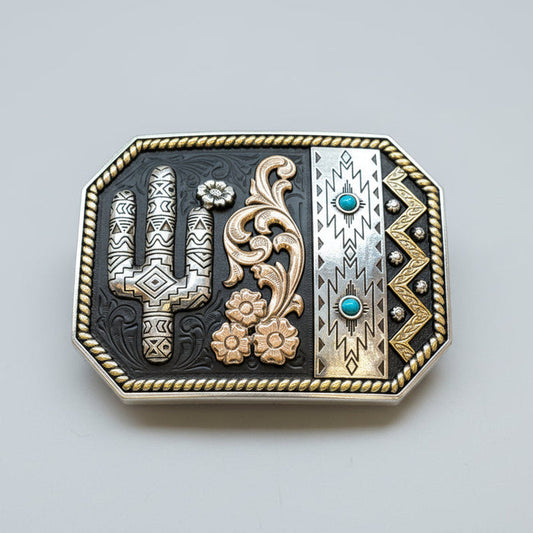 Blazin' Roxx Southwestern Cactus Multi Finish Rectangle Belt Buckle 37942