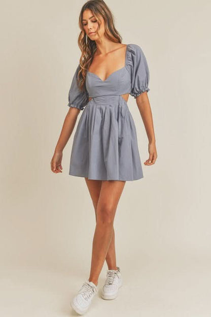 Breaking Hearts Dusty Blue Puff Sleeve Mini Dress