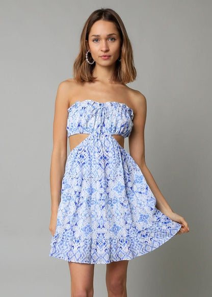 Maeve White and Blue Boho Print Strapless Dress