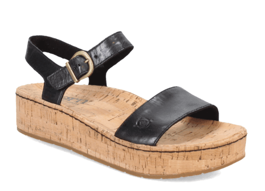 Born Women's Sari Black Leather Cork Wedge Sandals BR0035503-BLK
