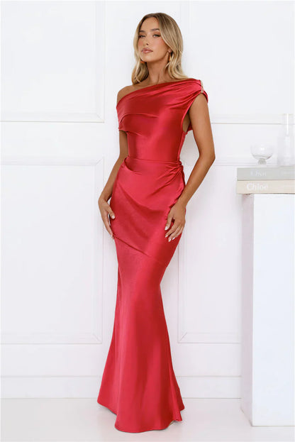 She’s A Dream Satin Off Shoulder Maxi Dress Red