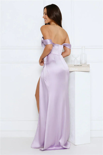 Silken Starlet Off Shoulder Satin Maxi Dress Lavender