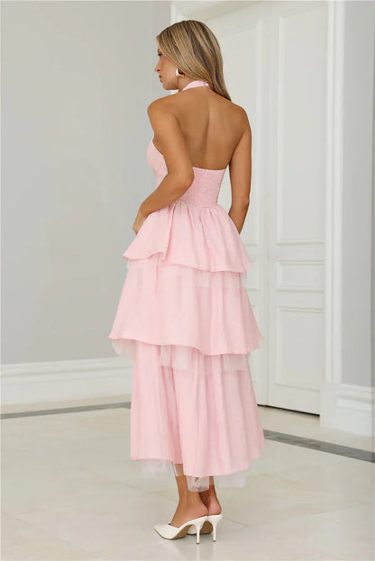 Twinkle Into Night Tulle Halter Maxi Dress Pink