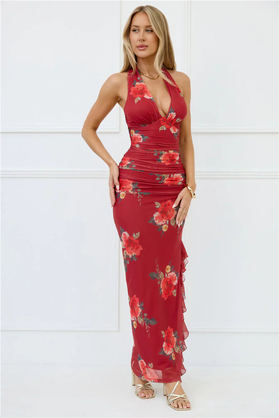 Seductive Sway Mesh Halter Maxi Dress Wine