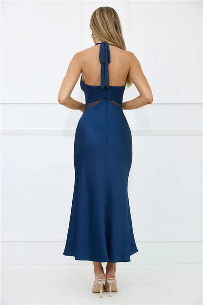 Nocturnal Bloom Satin Halter Maxi Dress Navy