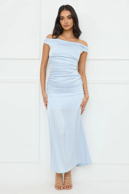 Polished Radiance Off Shoulder Satin Maxi Dress Blue