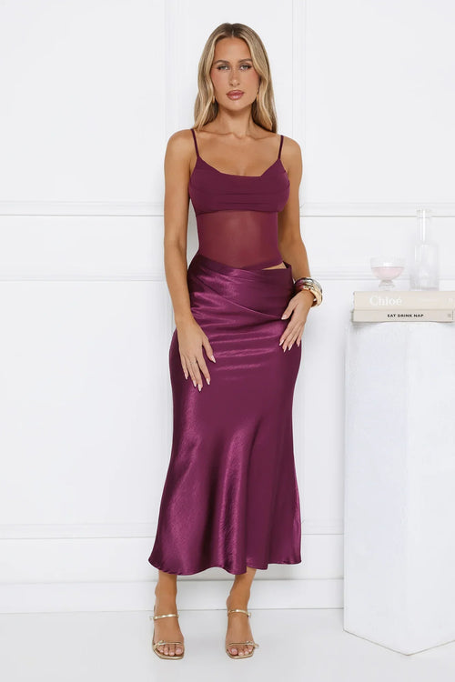 My Rules Satin Mesh Maxi Dress Plum