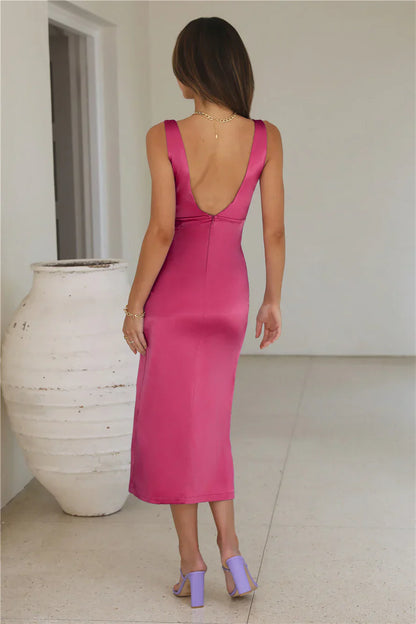 Romantic Refinement Satin Midi Dress Magenta
