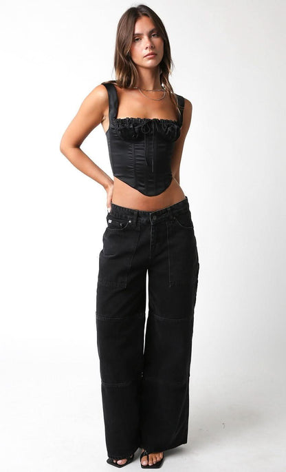 Cheyanne Black Satin Corset Crop Top
