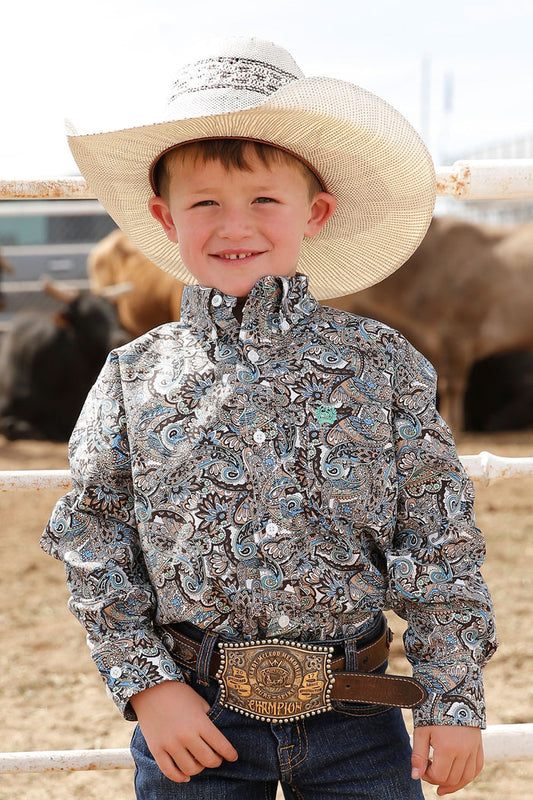 Cinch Boy's Brown Paisley Print Button Long Sleeve Western Shirt MTW7060309-Painted Cowgirl Western Store