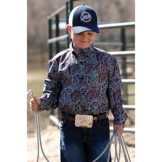 Cinch Boy's Navy Paisley Print Button Long Sleeve Western Shirt MTW7060276-Painted Cowgirl Western Store