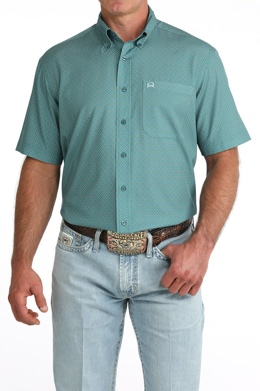 Cinch Men's ArenaFlex Teal Geo Print Button Short Sleeve Western Shirt MTW1725005