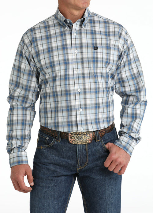 Cinch Men's Blue & White Plaid Button Long Sleeve Western Shirt MTW1105797