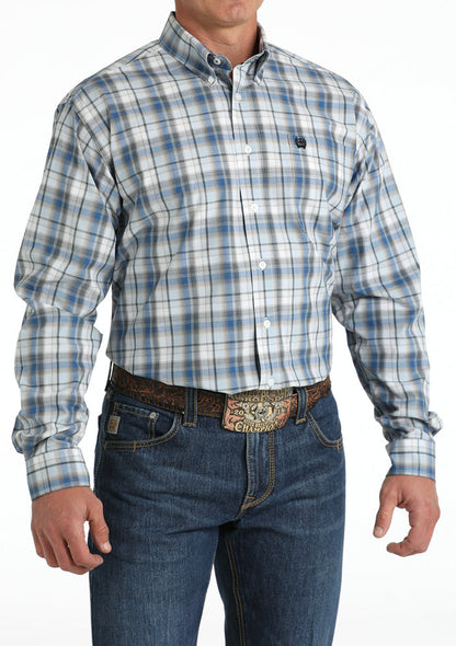 Cinch Men's Blue & White Plaid Button Long Sleeve Western Shirt MTW1105797