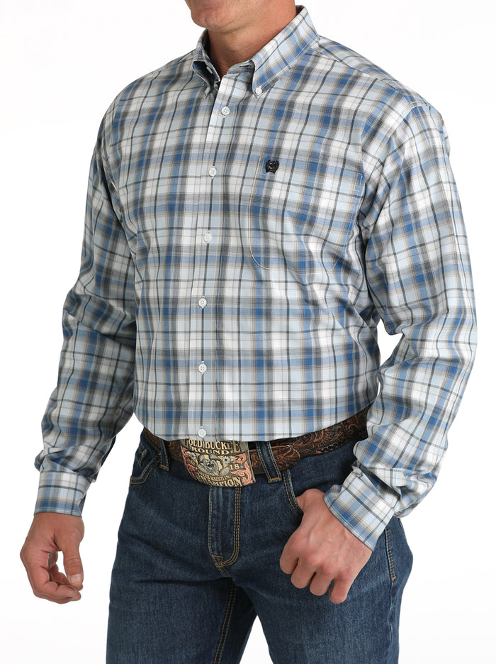 Cinch Men's Blue & White Plaid Button Long Sleeve Western Shirt MTW1105797