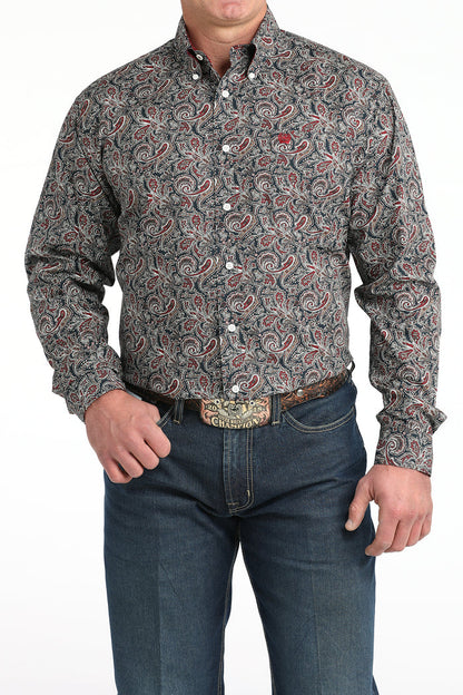 Cinch Men's Dark Navy & Red Paisley Print Classic Fit Button Long Sleeve Western Shirt MTW1106023