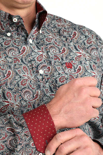 Cinch Men's Dark Navy & Red Paisley Print Classic Fit Button Long Sleeve Western Shirt MTW1106023
