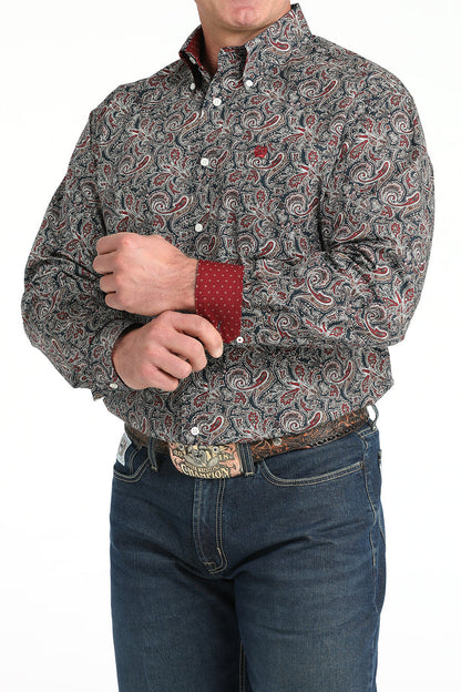 Cinch Men's Dark Navy & Red Paisley Print Classic Fit Button Long Sleeve Western Shirt MTW1106023