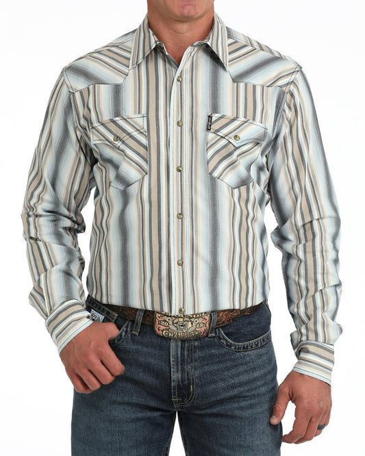 Cinch Men's Grey Stripe Modern Fit Pearl Snap Long Sleeve Western Shirt MTW1303112
