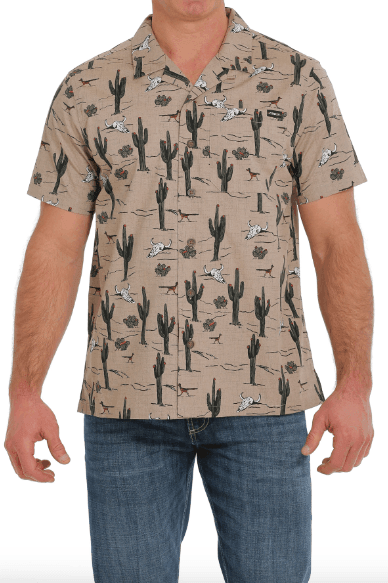Cinch Men's Khaki Cactus Print Short Sleeve Camp Shirt MTW1401023