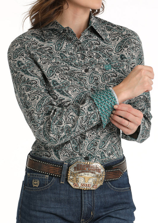 Cinch Women's Grey/Teal Paisley Print Button Up Western Shirt MSW9164223 GRY