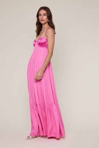 Blaire Pink Satin Tiered Maxi Dress