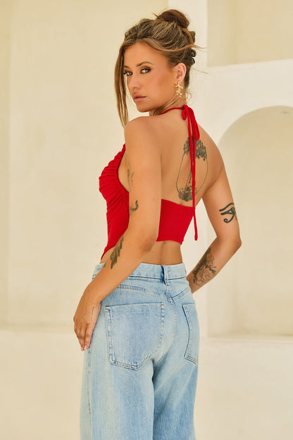 Contour Drape Ribbed Mesh Halter Top - Red