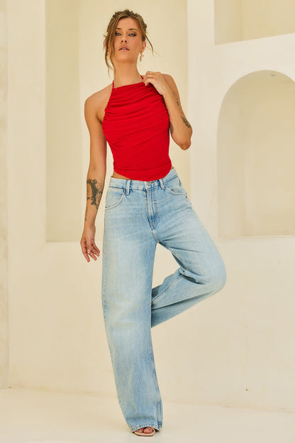 Contour Drape Ribbed Mesh Halter Top - Red