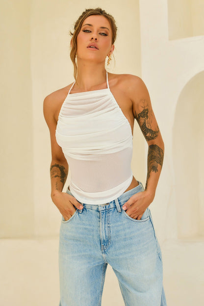 Contour Drape Ribbed Mesh Halter Top - White